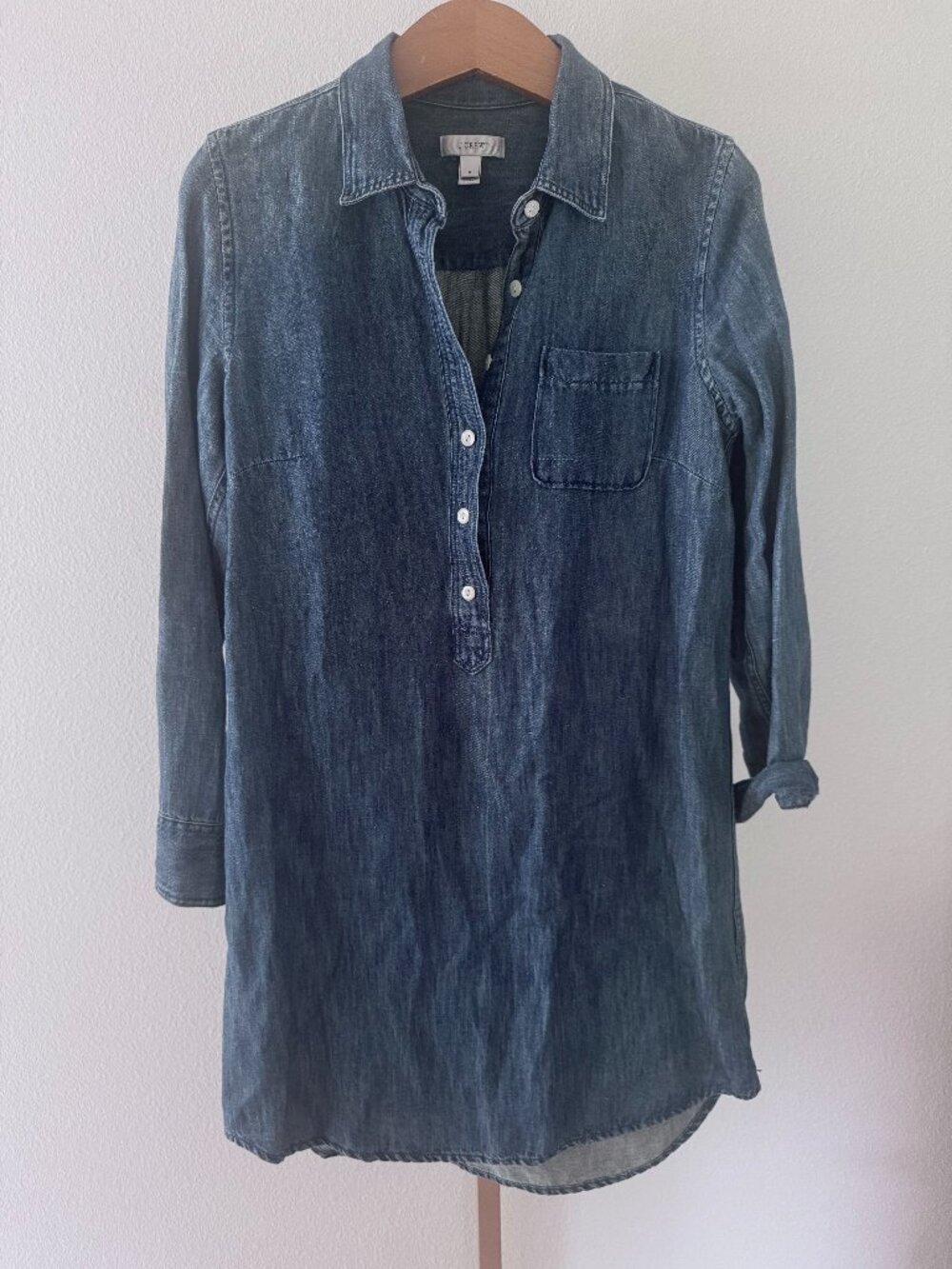 J.Crew Chambray Denim Shirt Dress Popover Long Sleeve Size 2 Cotton Linen Blend